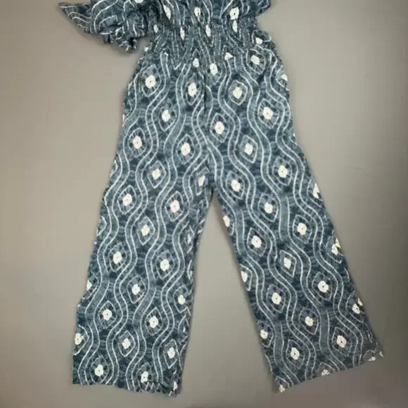 Earthbound Blue Boho Wide Leg Jumpsuit Medium Off Shoulder Smocked Waist - Picture 3 of 5